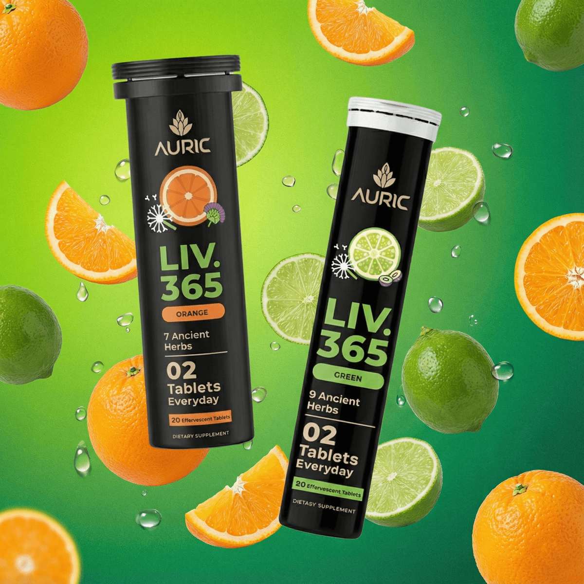 Auric Liv 365 Orange and Green effervescent tablet tubes